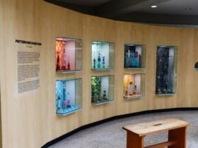 7 display cabinets filled with colourful, wooden block towers and patterns