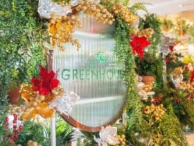 The Greenhouse restaurant sign being decorated with Christmas ornaments