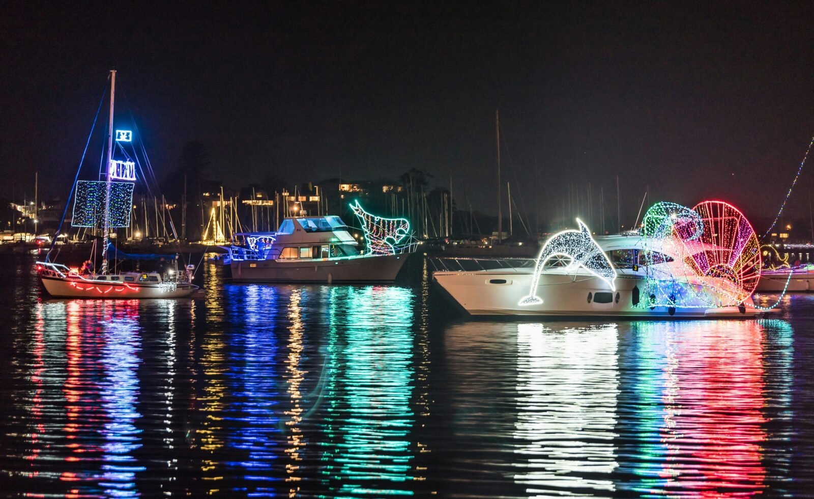 Boats on lake at night time lit up with colourful fairy lights