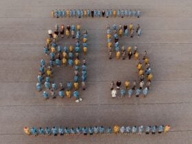 Aerial image of ADF, APS, and contractor personnel at RAAF Base Wagga forming the number 85.