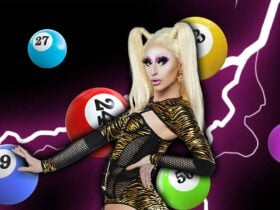 Drag Queen posing in front of neon lightning with large bingo floating around her