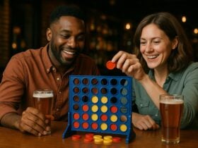 connect 4 game adults playing in a bar