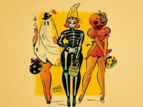 A cartoon of 3 people dressed as a ghost, a skeleton and a pumpkin