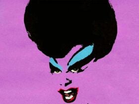 A popart cartoon drawing of the drag character divine, with large hair, big makeup and a huge smile