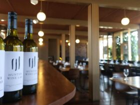 Hunter Wine Lab wines on a bench at Royal Thai Singleton