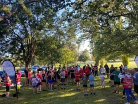 Jubilee parkrun participants gathered in Jubilee Park, Tenterfield