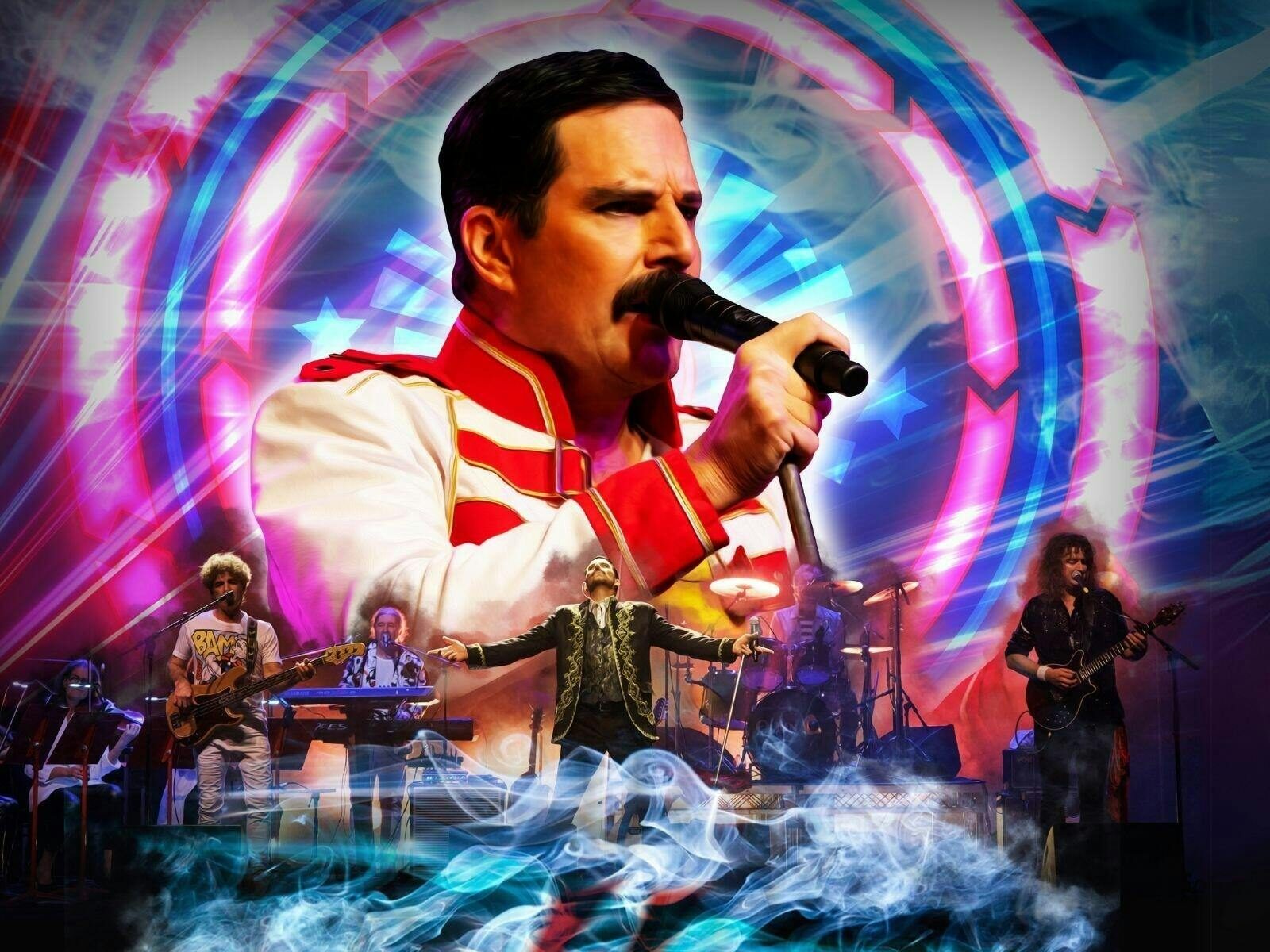 A man in a white and red jacket stands at a microphone with a band underlaid on the image below