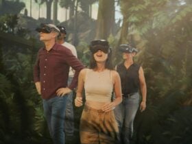 Visitors wearing VR headsets transported within the world of Life Chronicles