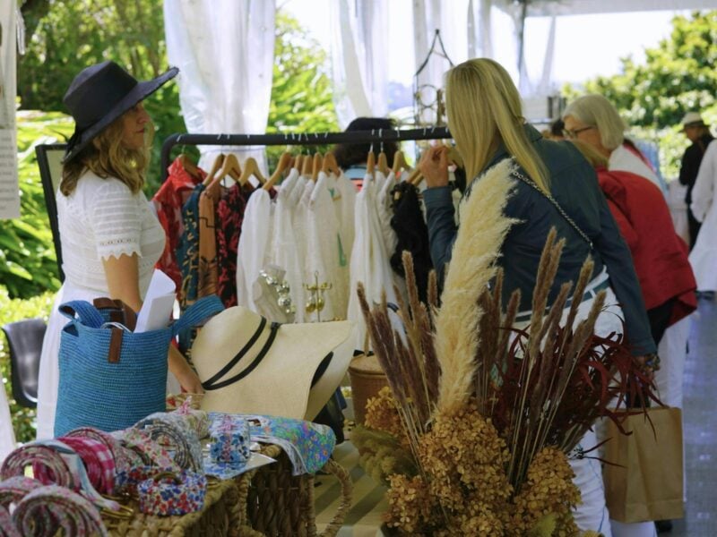 Two women shop looking at clothes on a rack at an outside market