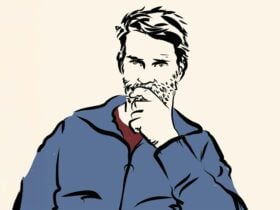 A cartoon image of a man with a scruffy beard and loose jumper, covering his mouth looking stern.