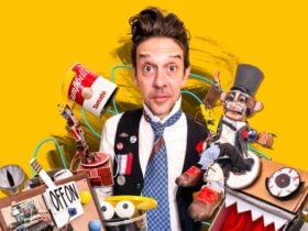 A man surrounded by mysterious objects.