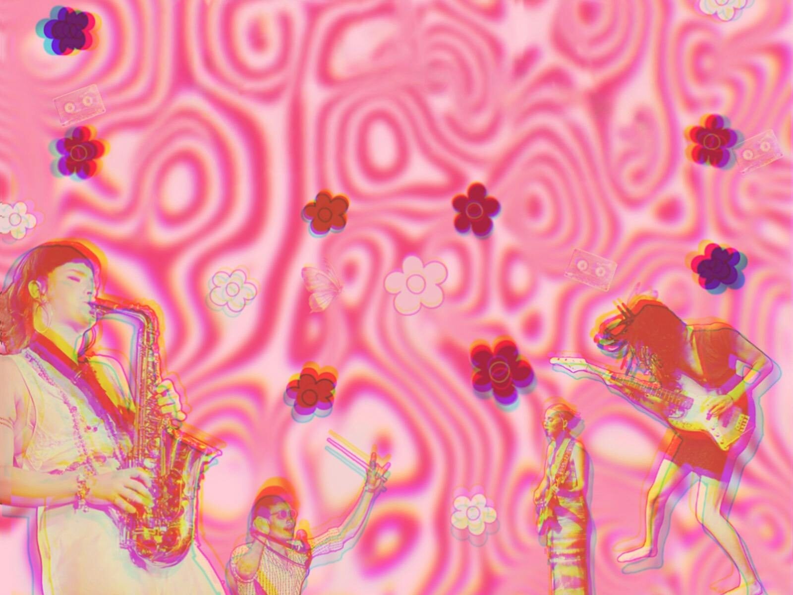 Vibrant stars and swirls, with people playing instruments, dancing and having fun