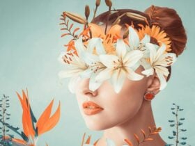 Graphic of person with flowers on face