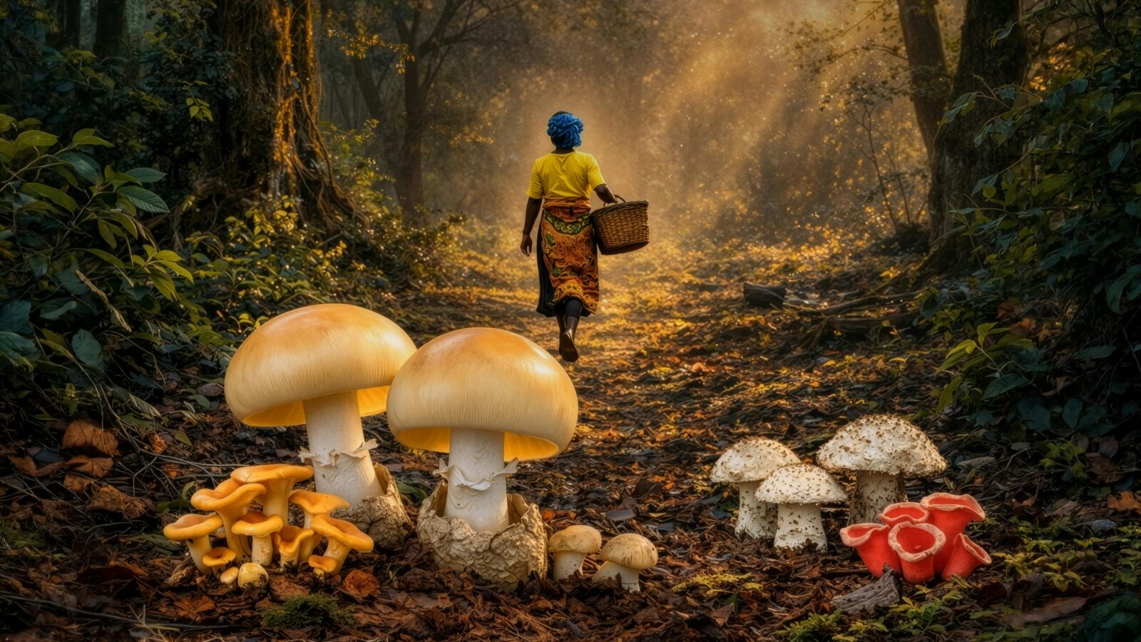 Mushrooms found in the forest and a woman with a basket of mushrooms