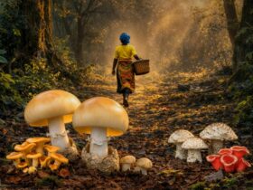 Mushrooms found in the forest and a woman with a basket of mushrooms