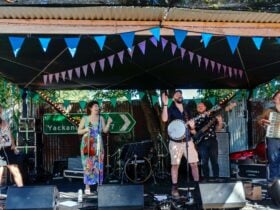 A band performs on an outdoor stage decorated with strings of blue and purple triangular bunting.