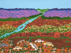 A vibrant, stylised landscape painting of a wide valley with purple-striped hills in the background