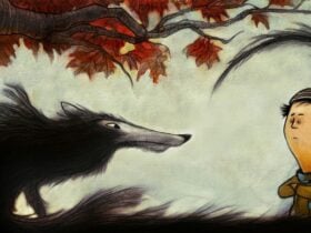 An illustration of a wolf facing a little boy with autumn leaves and grass surrounding them