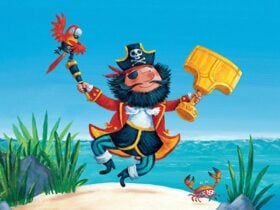 An illustration of a pirate jumping in the air holding golden underpants.