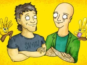 Cartoon of two smiling men with blank eyes, tattoos & animated glove characters on yellow background