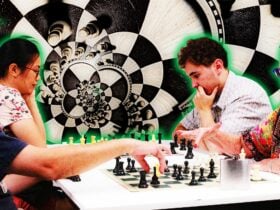 A group of people playing chess together in front of a psychedelic chess board background