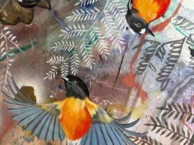 A detail of Sophie Chauncy's artwork featuring vibrant orange birds and fern fronds.
