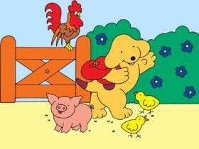 Spot the dog with some farm animals