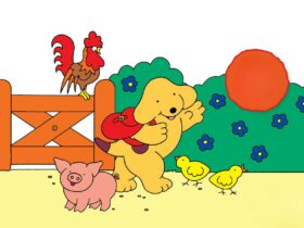 A yellow dog with a red backpack waves while walking past a pig, two chicks, and a rooster