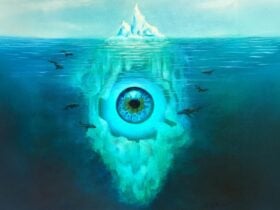 A painting of an iceberg, shown from the side, expanding into the depths showing a large eye