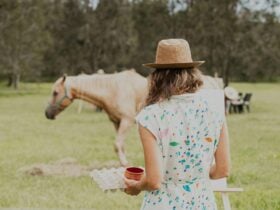 A woman standing next to a horse in a paddock