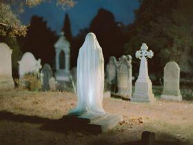 Spooky white gravestone in a graveyard