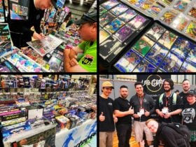 Vendor helps attendee look for cards and Leo Games Tournament.