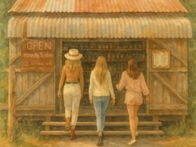 3 ladies are walking up the steps into a local farmgate which says "Open. Honesty System"