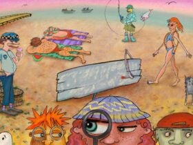 A group of cartoon characters on a beach with three children looking out with a magnifying glass