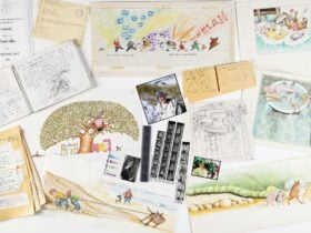 A table with photographs, cartoon illustrations and sketches