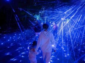 Blue laser light show with kids