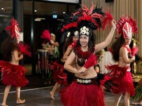 Polynesian dance group performing in traditional attire