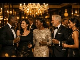 Professionals from diverse backgrounds at a formal gala dinner event.