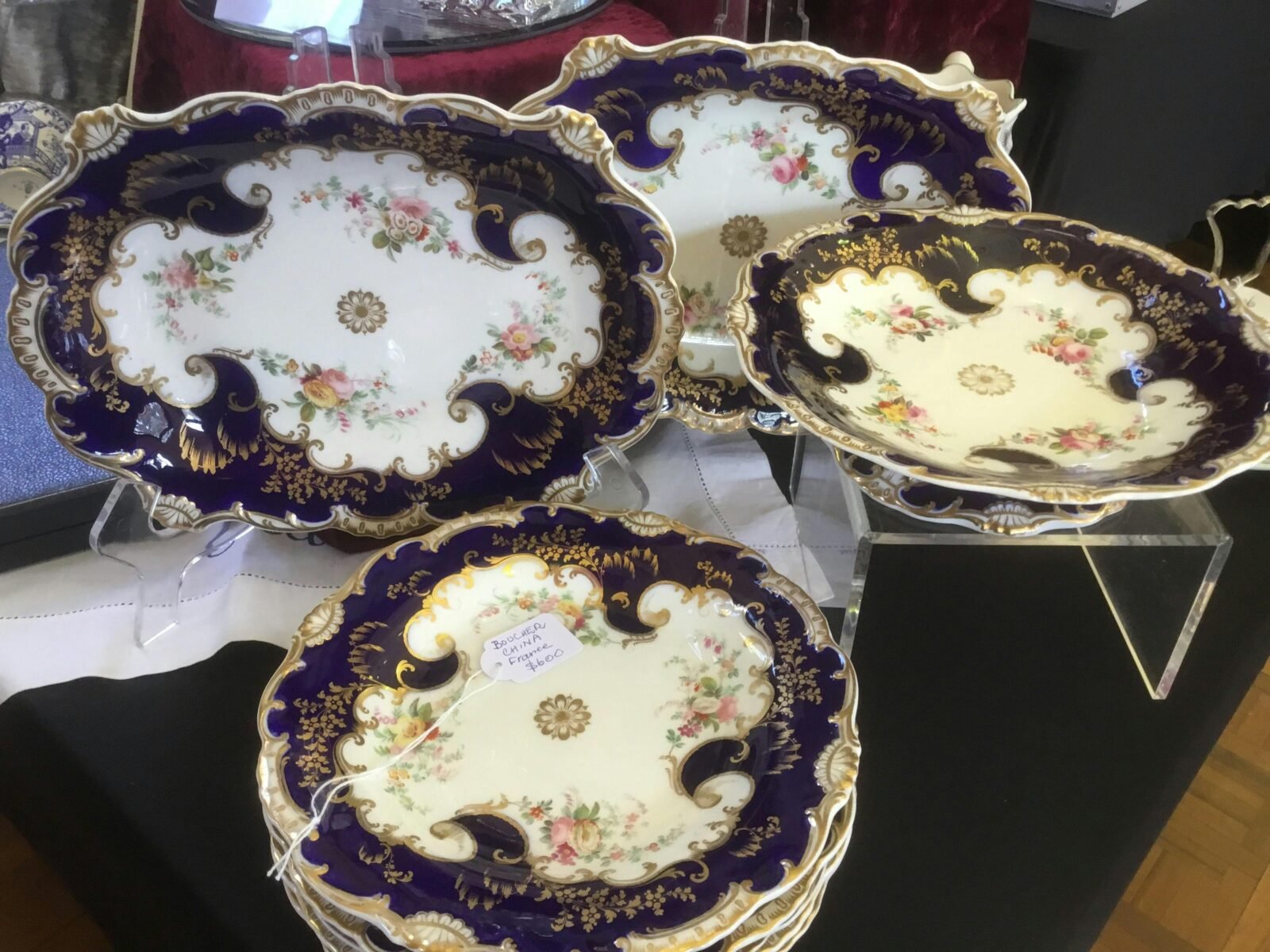 Antique cobalt blue, and white dessert set with gilt trim