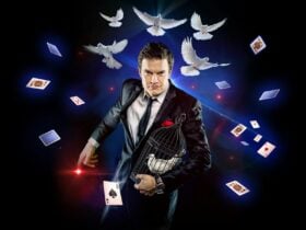 A man running through cards and doves