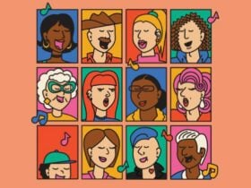 An image of cartoon people in boxes singing, with musical notes around them