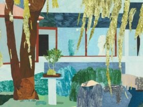 Abstract garden scene with a tree, hanging foliage, rocks, and a modern building in layered blues.