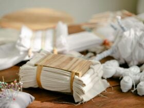 Piece of cloth secured with bindings, showing shibori preparation technique