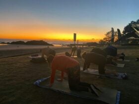 people doing yoga by the beach at sunrise