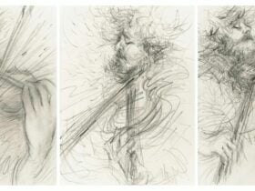 Three-panel drawing of man playing violin