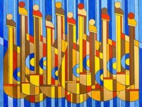 Brightly-coloured geometric rectangles in blue, yellow and red are intersected by semi-circles