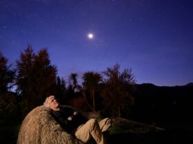 Man looking up at the dtars on a shaggy Wilson & Dorset sheepskin bean bag