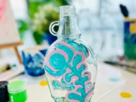 art workshop, glass bottle, painting