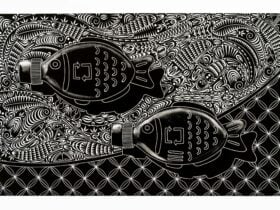 A black and white artwork by Brian Robinson of two soy sauce fish on a patterned background
