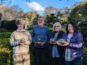four people standing with a terrarium